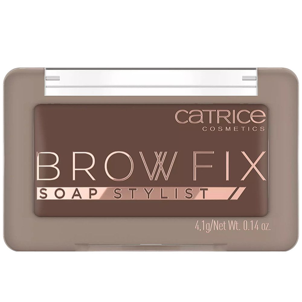 Fixateur à sourcils dans un boîtier rectangulaire beige clair. Le boîtier porte l'inscription 'Catrice Brow Fix'.
