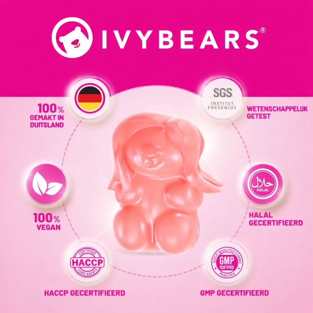 Voedingstabel voor 'Women's Hair'. Bevat biotine, foliumzuur, jodium, vitamine B12, B6, C, D2, zink.