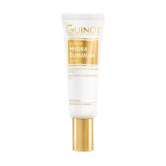 Tube blanc avec bouchon doré. Inscription: Guinot, Masque Hydra Summum. Textes français et anglais.