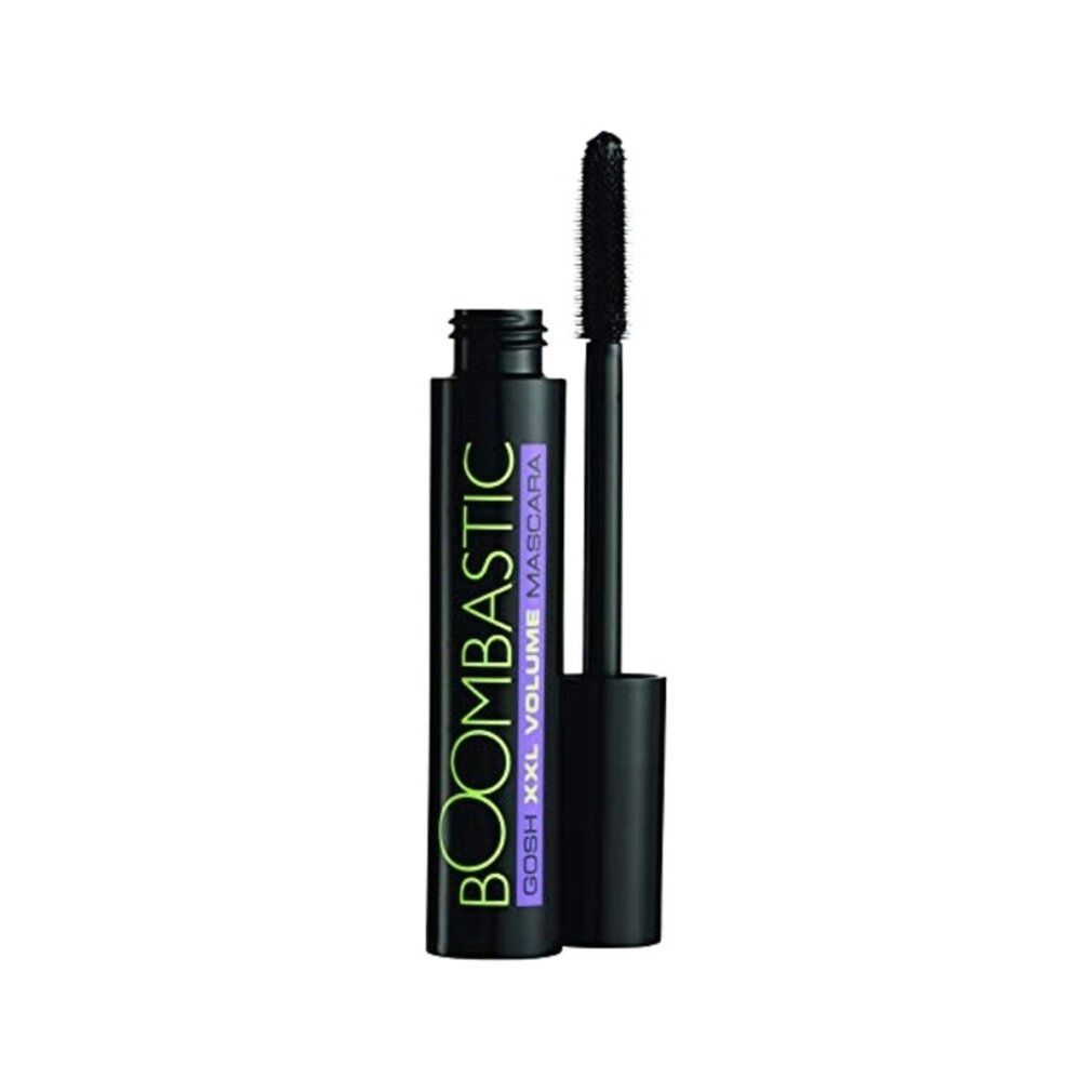Tube de mascara noir avec brosse ouverte. Inscription: BOOMBASTIC XXL VOLUME MASCARA.