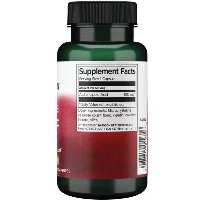 Dos du flacon vert. Étiquette avec informations nutritionnelles: Acide Alpha-Lipoïque 100 mg. Autres ingrédients: cellulose, gélatine.