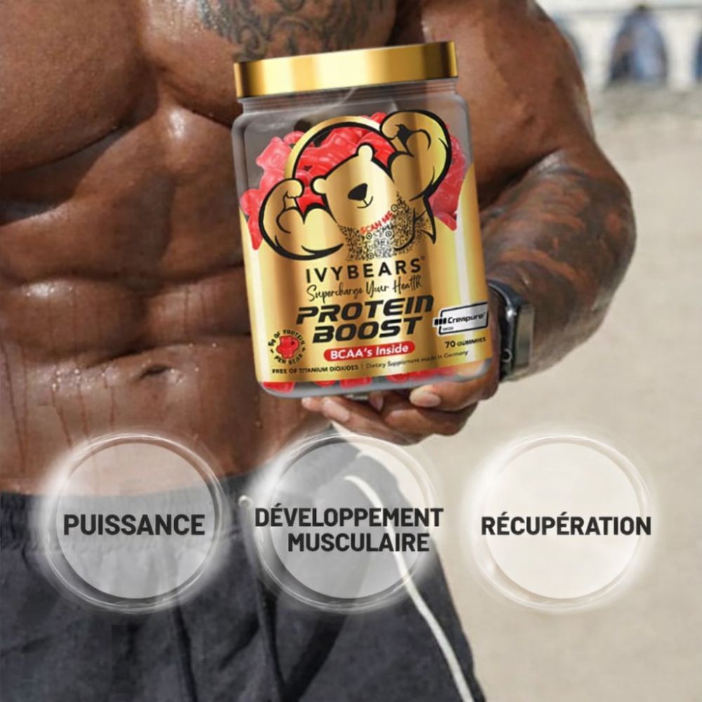 Homme tenant un pot de gommes. Texte : Protein Boost, puissance, développement musculaire, récupération.