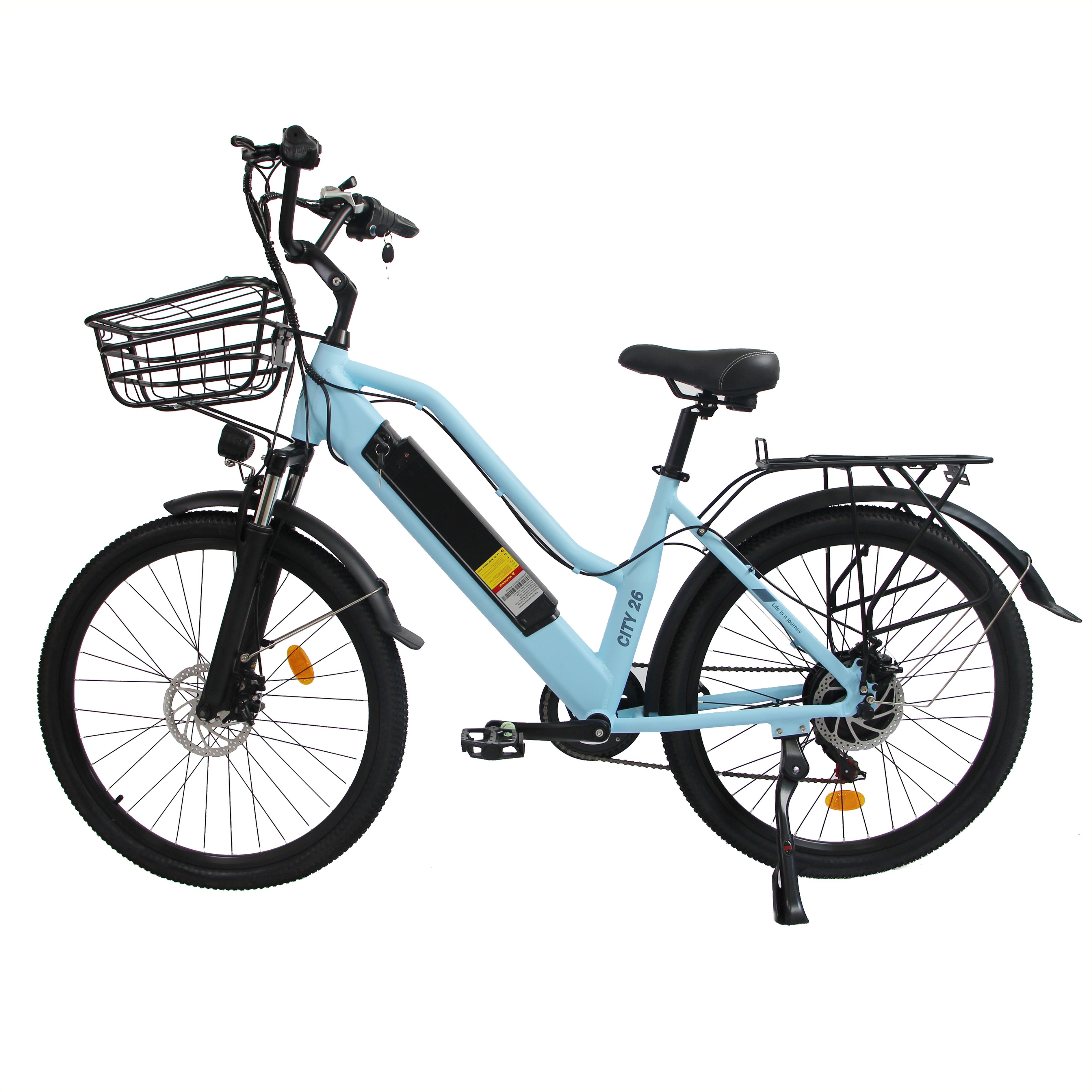 Vélo électrique bleu clair avec panier et porte-bagages. Pneus et détails noirs. Logo ORLMS sur le cadre.