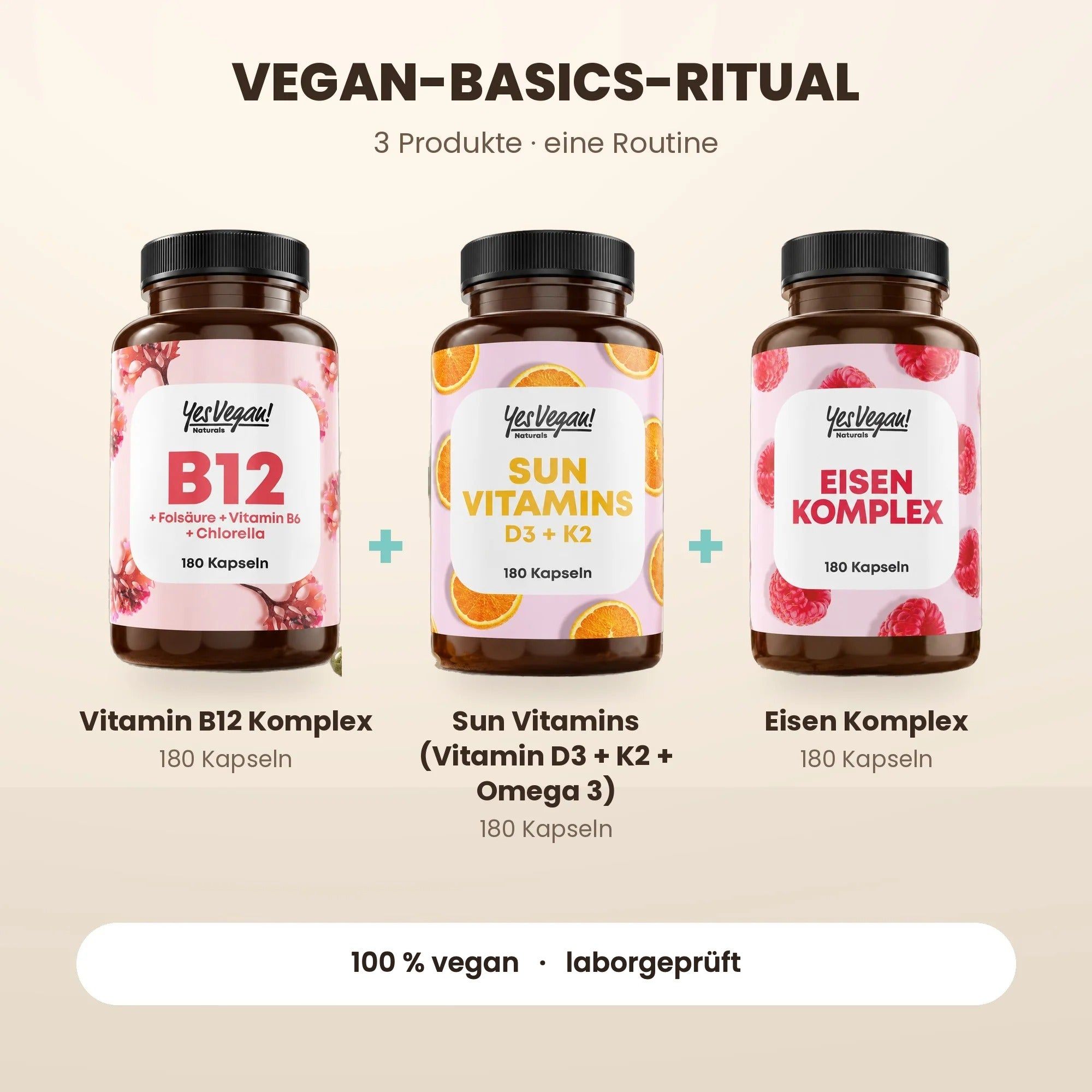Trois flacons : Sun Vitamins D3 + K2 (180 gélules), Complexe Vitamine B12 (180 gélules), Complexe de Fer (180 gélules).