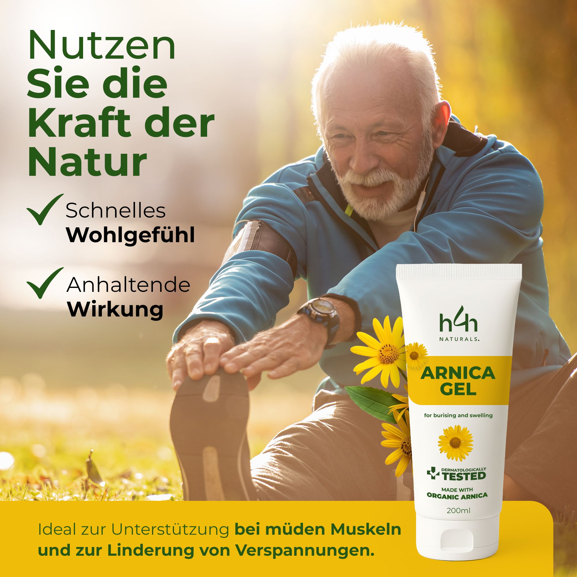 Witte en gele tube Arnika Gel, h4h Naturals. Man aan het rekken. Tekst: Snel welzijn, blijvend effect. Gel.