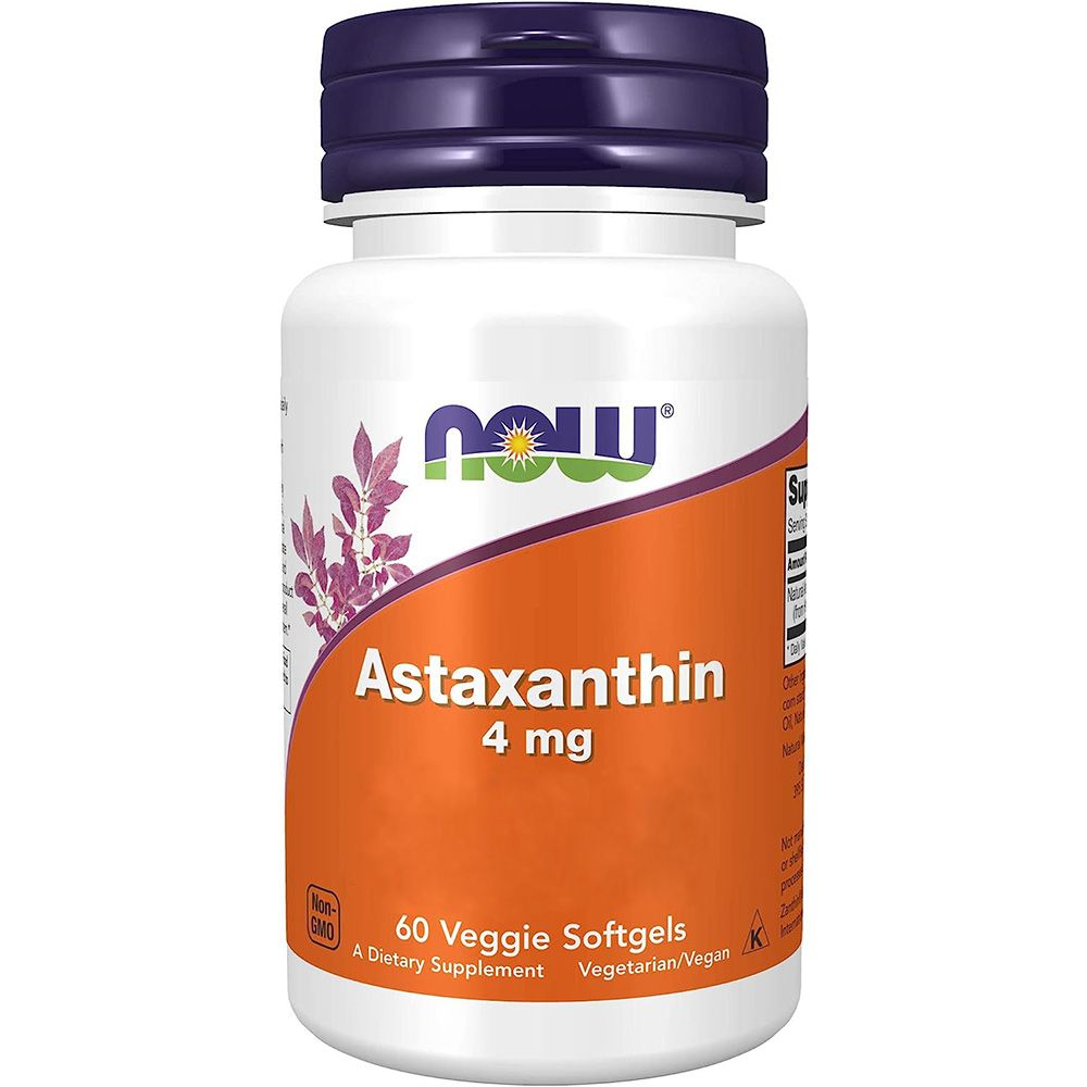 NOW Astaxanthine 4 mg, 60 Softgels Végétariens. Bouteille avec étiquette orange et bouchon violet.