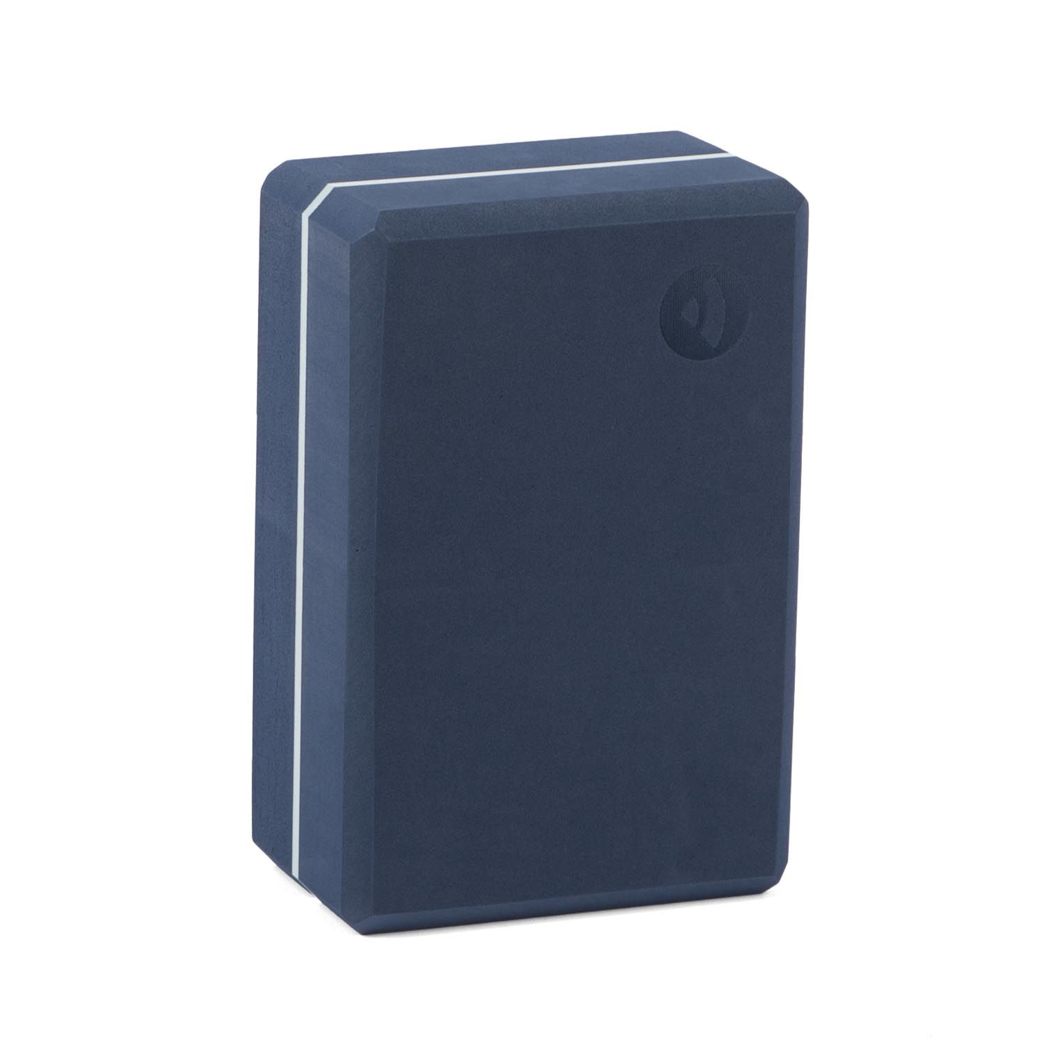 Blauw yogablok met witte rand. Rechthoekige vorm. Logo aan één kant.