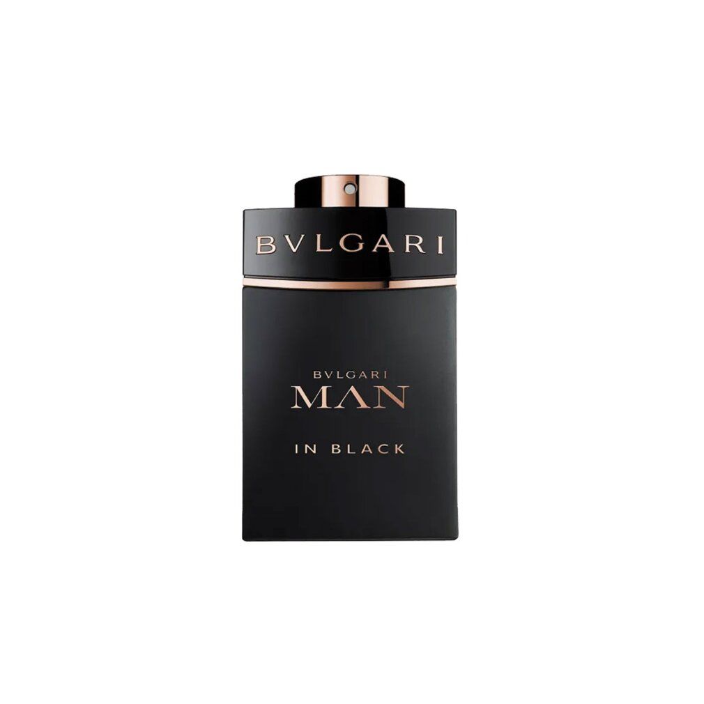 Flacon noir Bvlgari Man In Black Eau de Parfum avec des accents dorés.