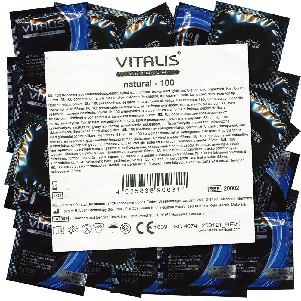 Paquet de préservatifs. Emballages individuels noirs avec bande bleue. Inscription : VITALIS PREMIUM natural - 100.