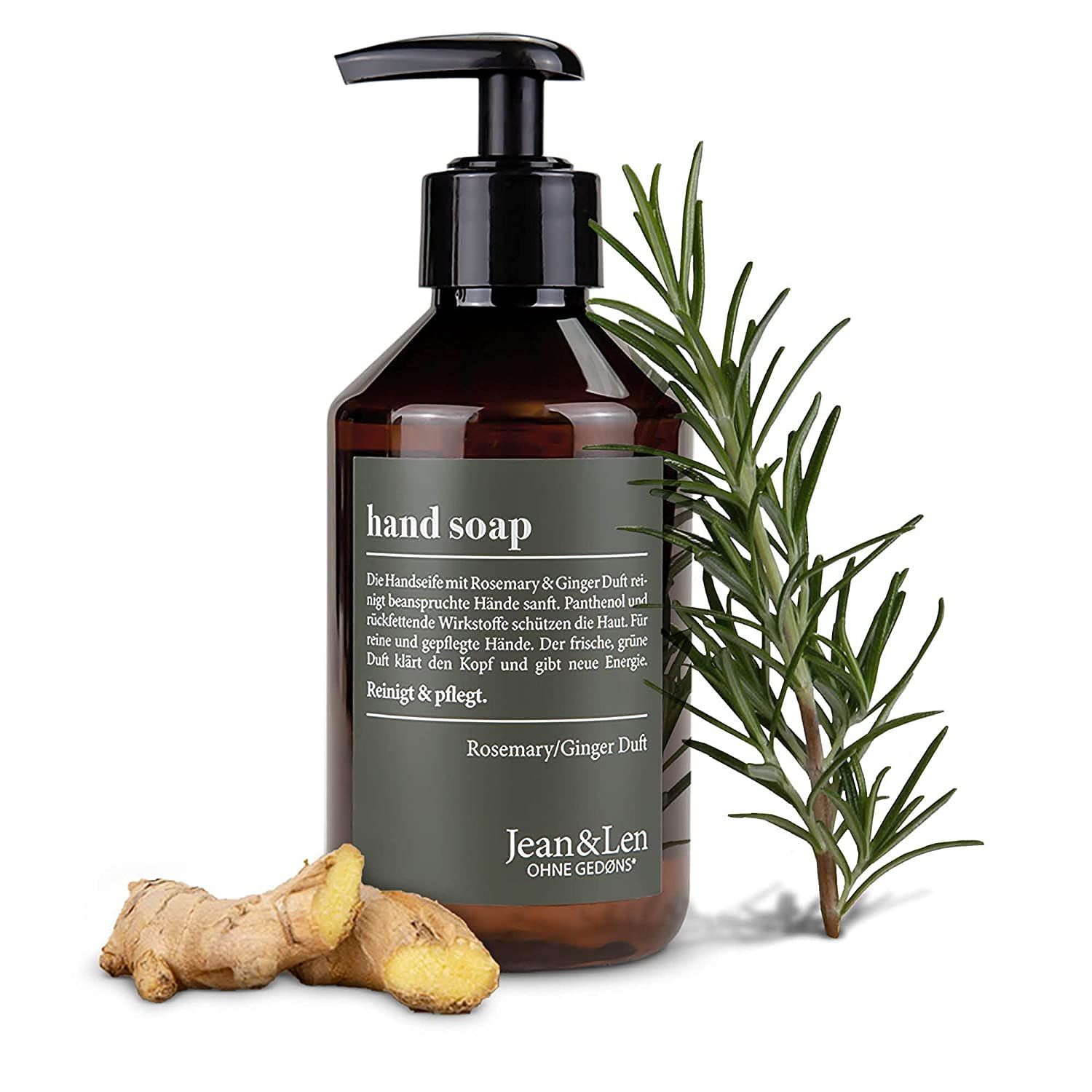 Flacon de savon pour les mains marron avec pompe noire, romarin et gingembre à côté. Texte : Hand Soap, Rosemary/Ginger Duft.