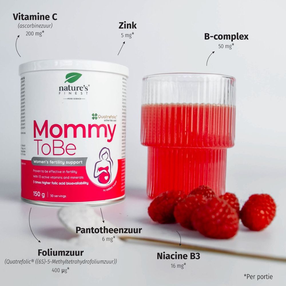 Blik Nature's Finest Mommy ToBe, glas met vloeistof, frambozen. Vitaminen en mineralen. Tekst: per portie.