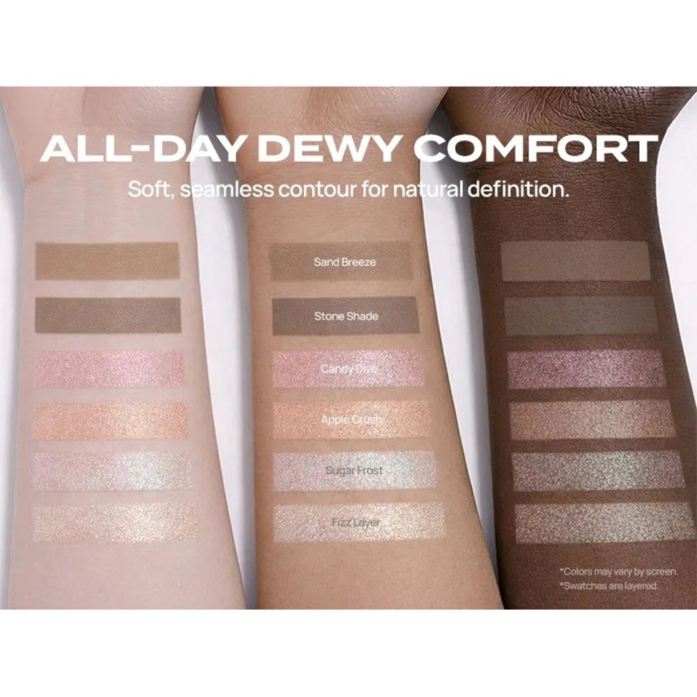 Huidswatches van verschillende BANILA CO Romantic Blush Contour tinten, inclusief 02 Stone Shade.