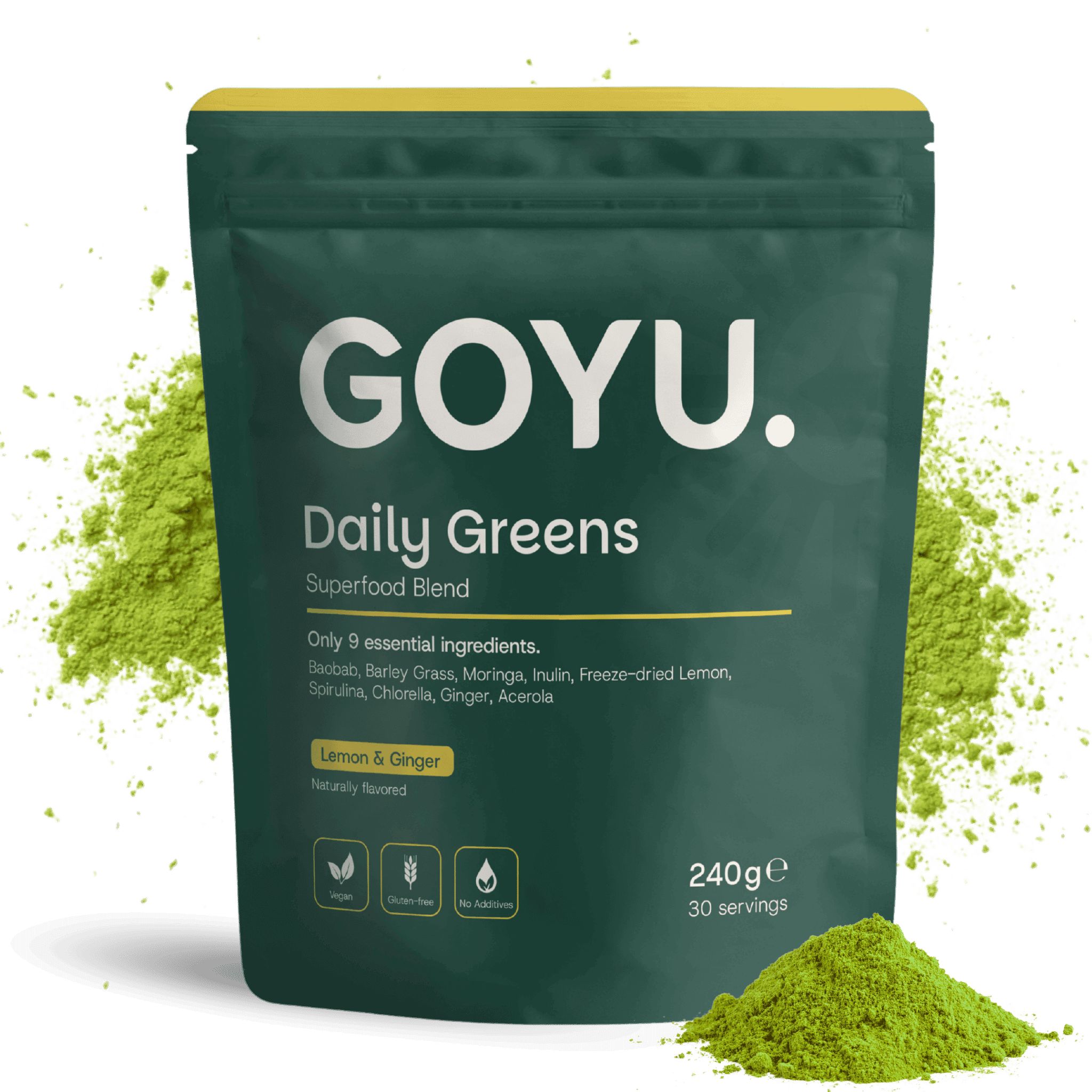 Groene zak GOYU Daily Greens. Tekst: Superfood Blend, 9 ingrediënten, Citroen & Gember, 240g, 30 porties. Groen poeder ernaast.