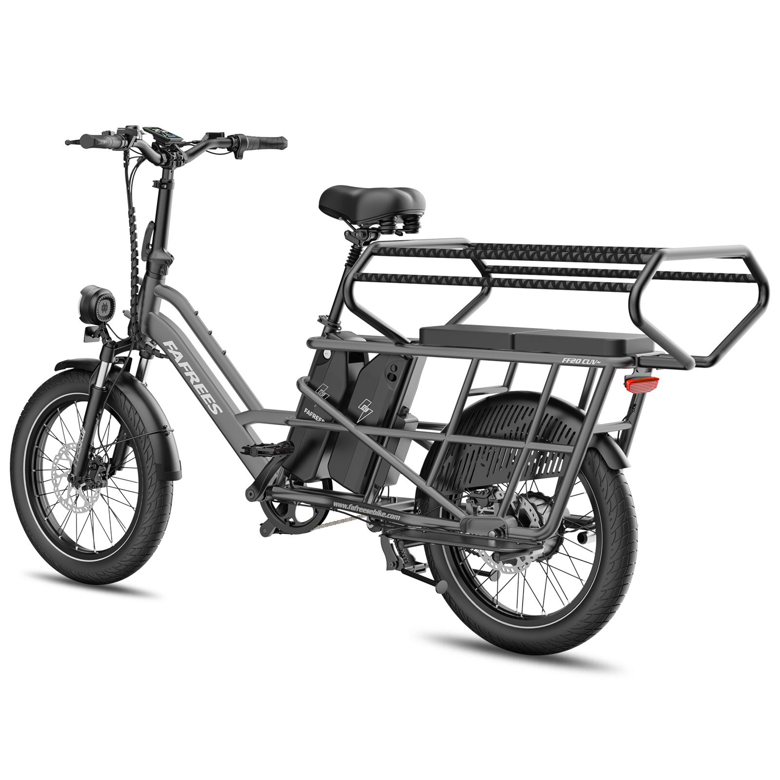 Grijze e-bike met grote bagagedragers voor en achter, twee accu's.