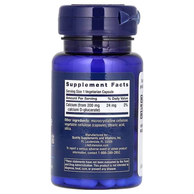 Arrière d'une bouteille Life Extension Calcium D-Glucarat avec faits nutritionnels et ingrédients.
