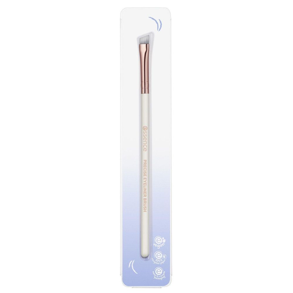 Pinceau eyeliner dans un emballage blister. Manche blanc, pointe biseautée, virole or rose. Inscription: Essence Precise Eyeliner Brush.