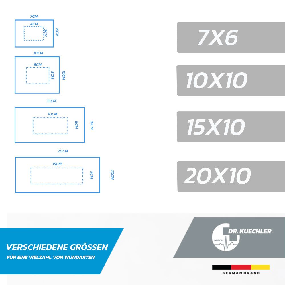 Graphique avec différentes tailles de pansements : 7x6, 10x10, 15x10, 20x10. Pour une variété de plaies.