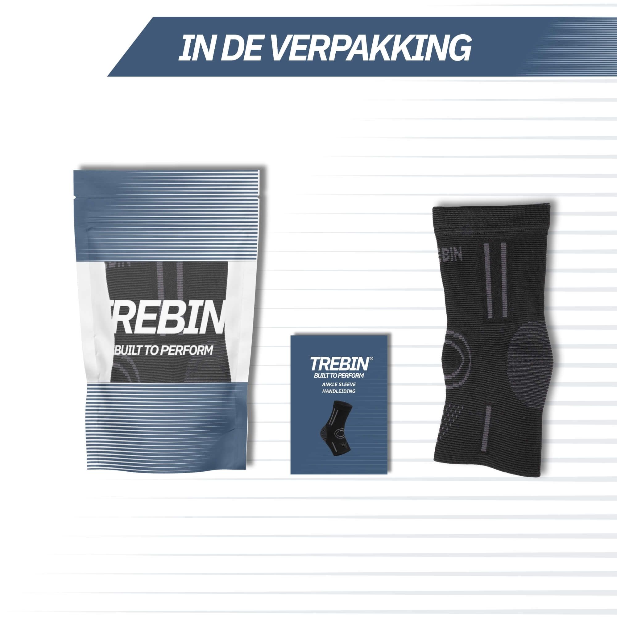 Inhoud verpakking: een zwarte enkelbrace, een handleiding en een verpakking.