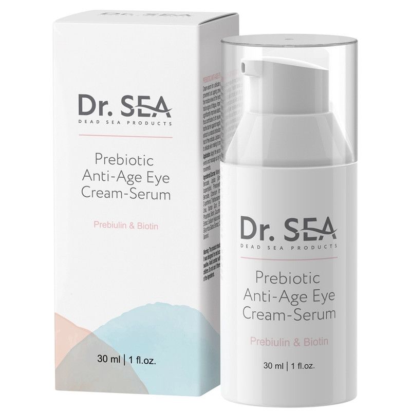 Flacon blanc Dr. SEA, sérum anti-âge pour les yeux. Prébiotiques & biotine. 30 ml | 1 fl.oz. Avec emballage.