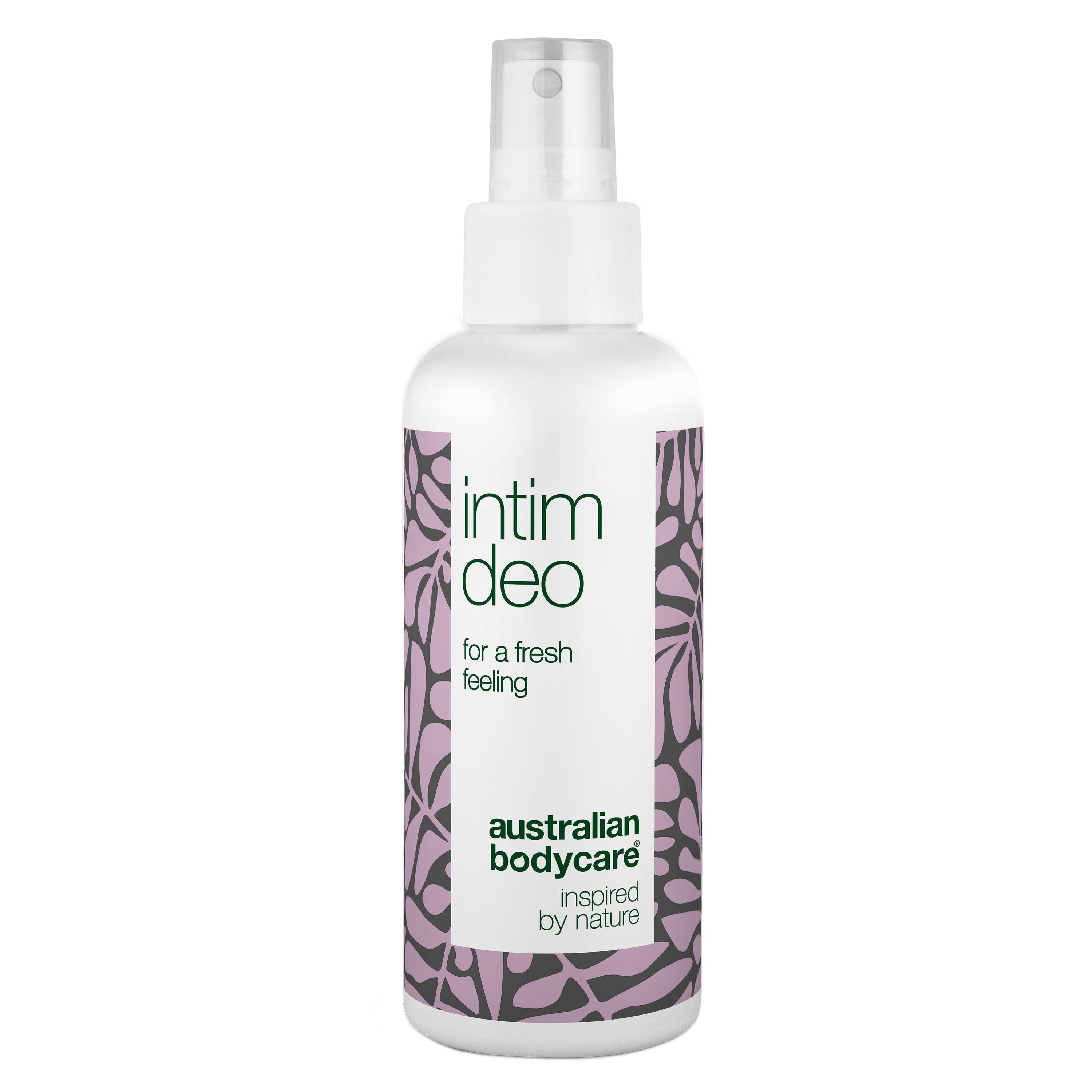 Spray intime blanc avec motif violet. Inscription : Intim Deo, Australian Bodycare.
