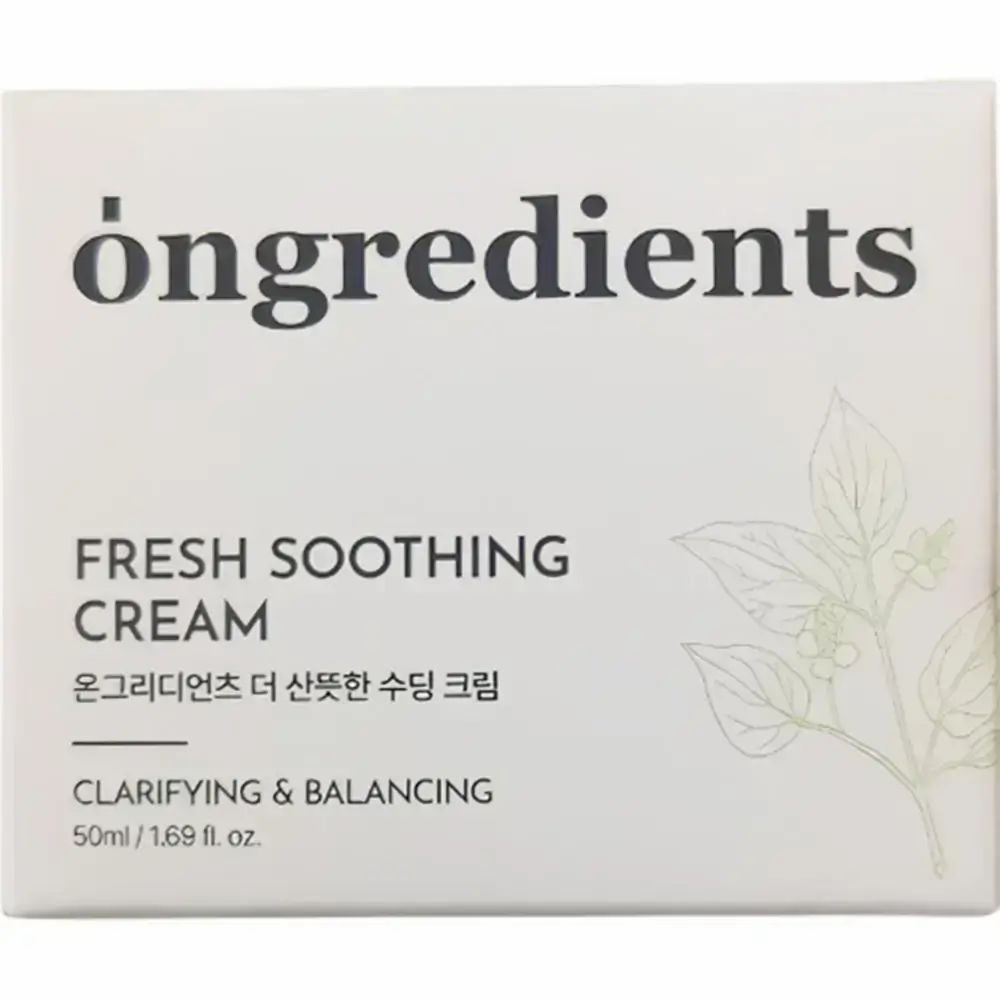 Emballage blanc du produit. Inscription : ONGREDIENTS, FRESH SOOTHING CREAM, texte coréen, CLARIFYING & BALANCING. 50ml/1.69 fl. oz. Illustration.