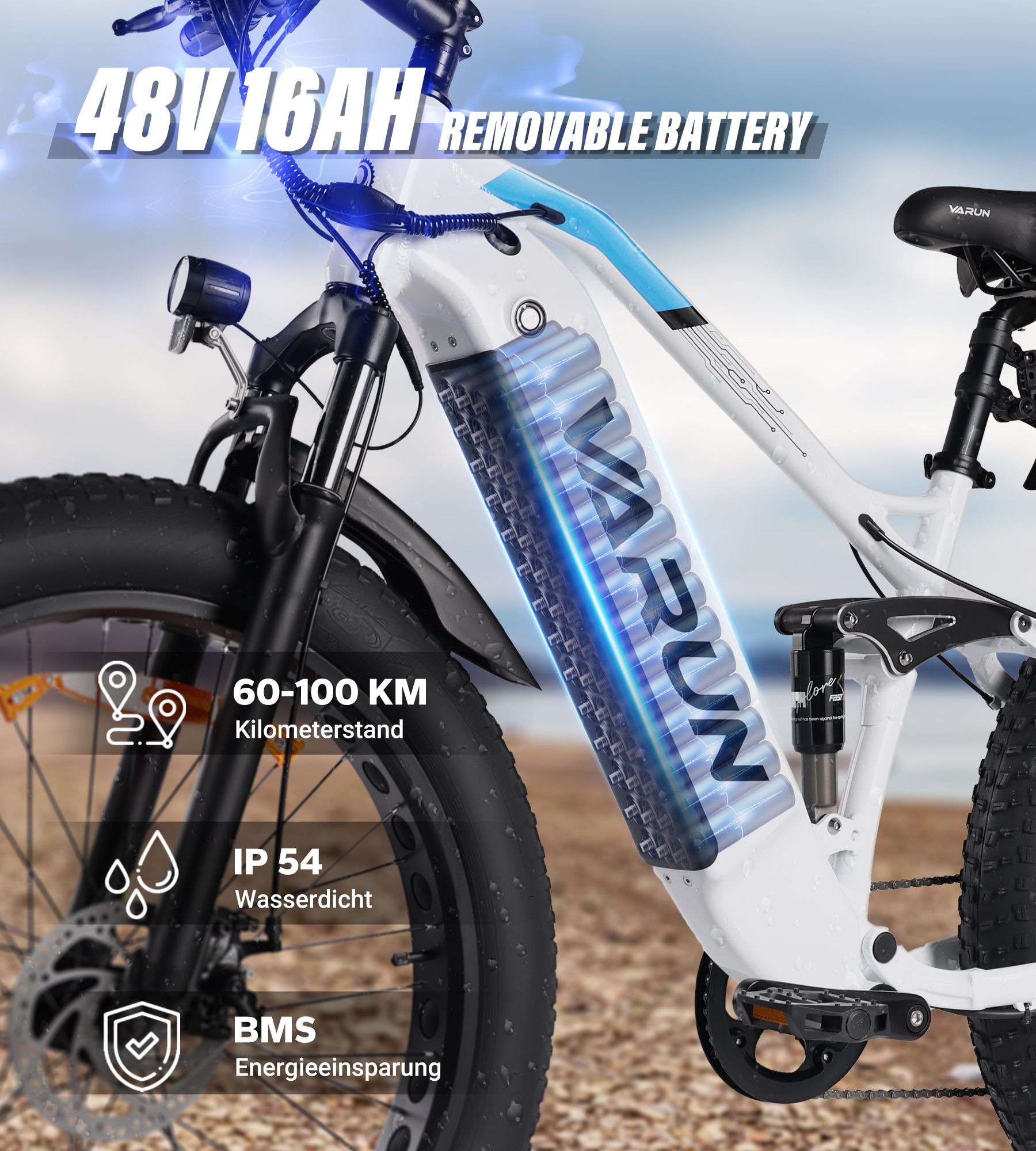 E-bike met 48V 16Ah batterij, afneembaar. Bereik 60-100 km, IP54 waterdicht, BMS energiebesparing. VARUN logo.