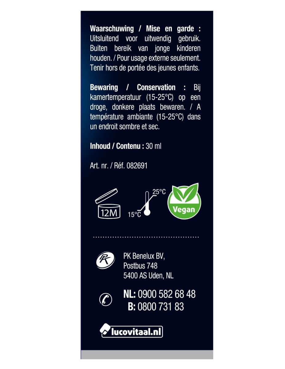 Achterkant van de productverpakking. Bevat waarschuwingen, opslaginstructies, inhoud en contactgegevens.