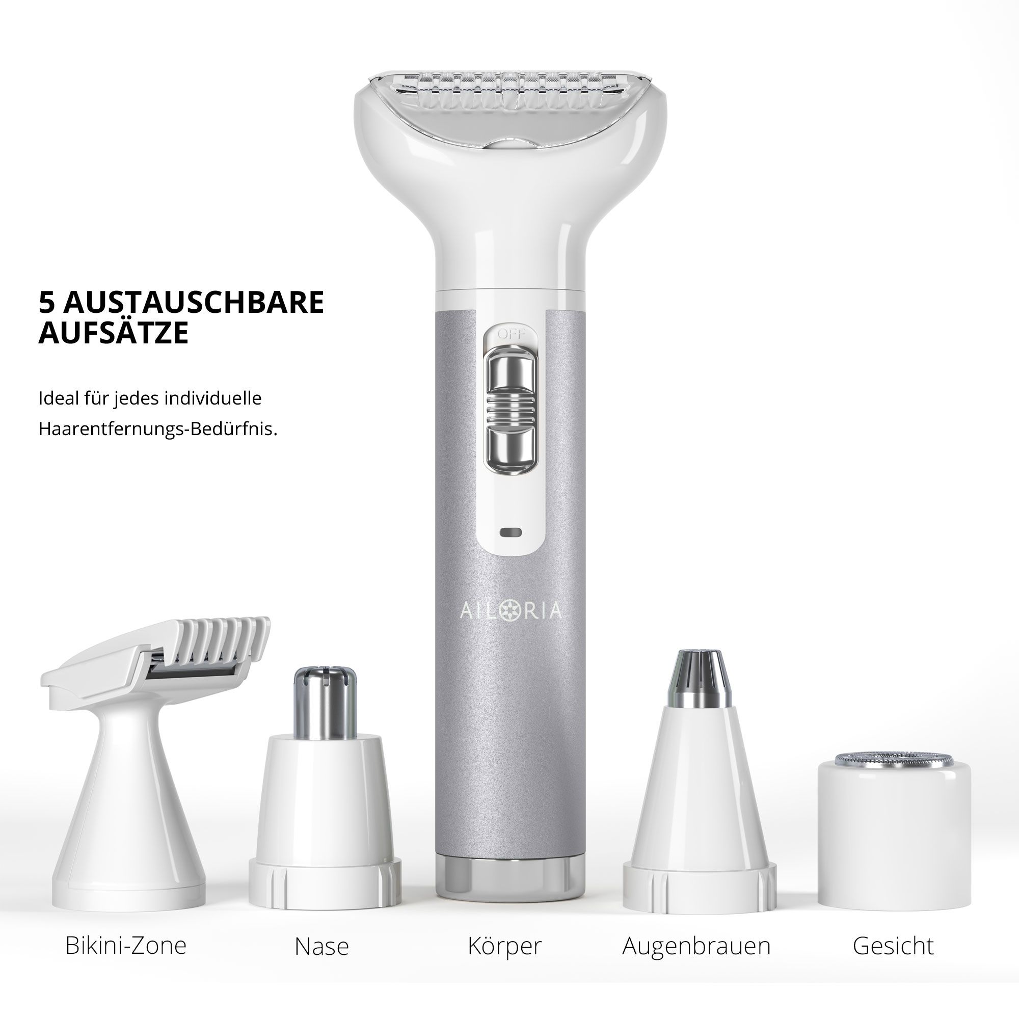 Rasoir avec cinq têtes. Têtes étiquetées : Bikini, Nez, Corps, Sourcils, Visage. Logo AILORIA.