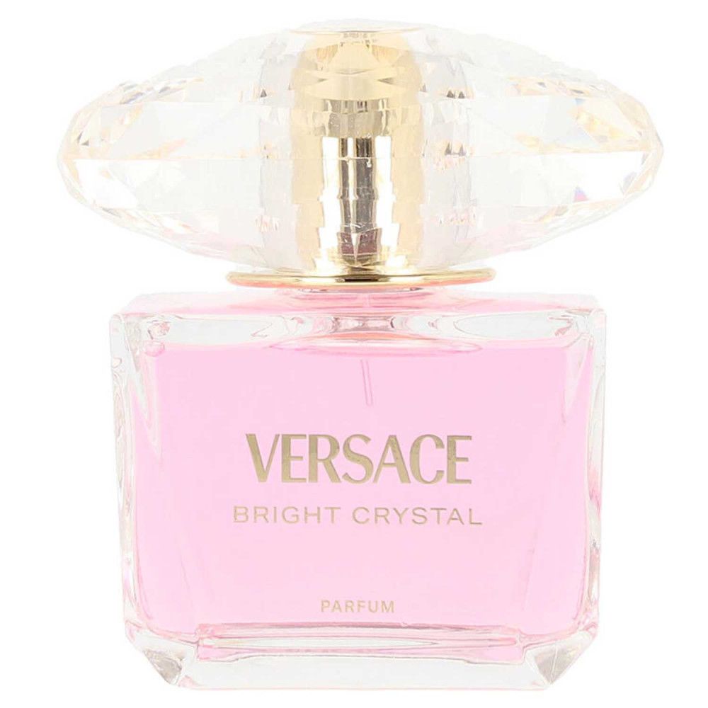 Roze parfumfles met kristallen dop. Opschrift Versace Bright Crystal. Gouden hals.