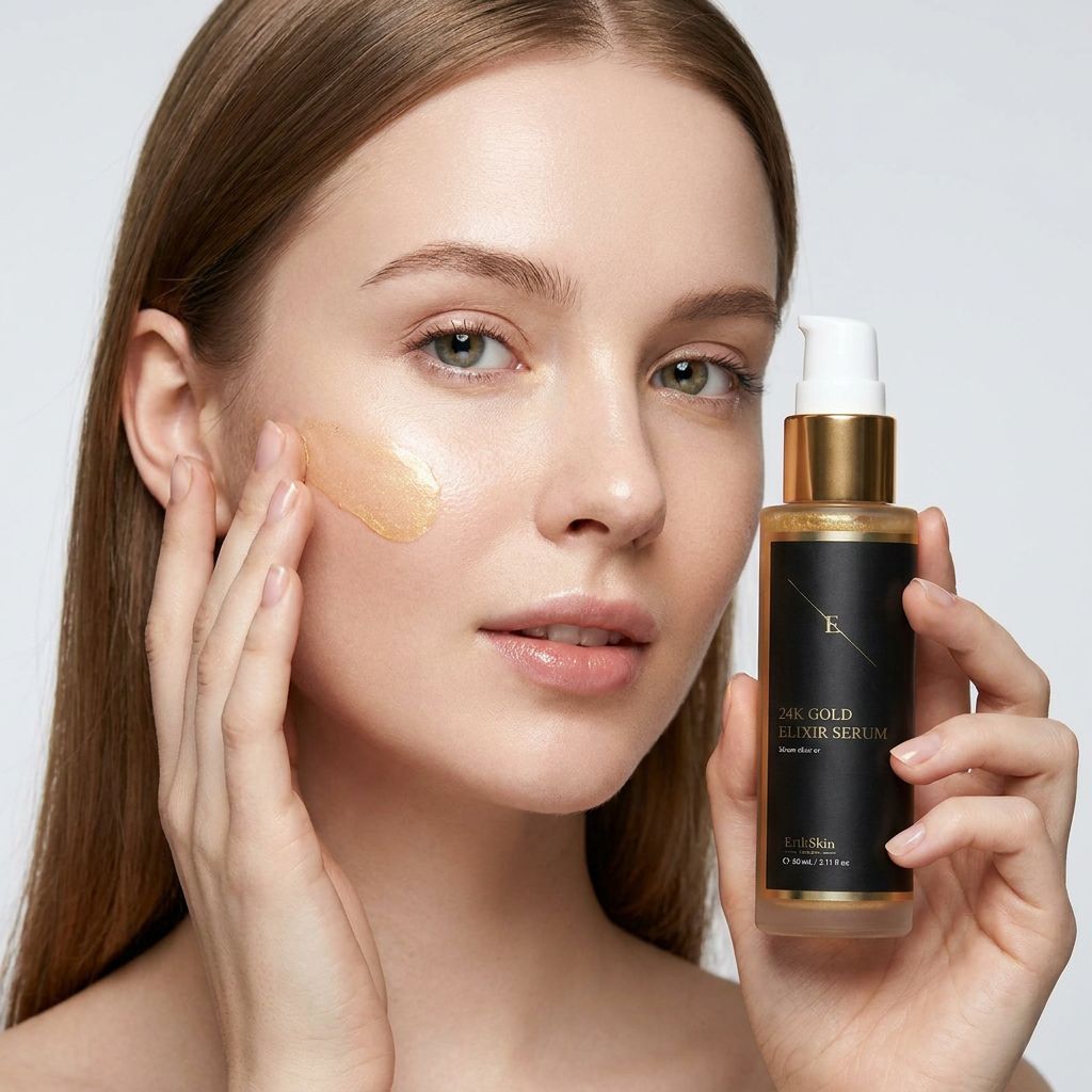 Vrouw brengt ErthSkin London 24K Goud Elixir Serum aan op de huid.