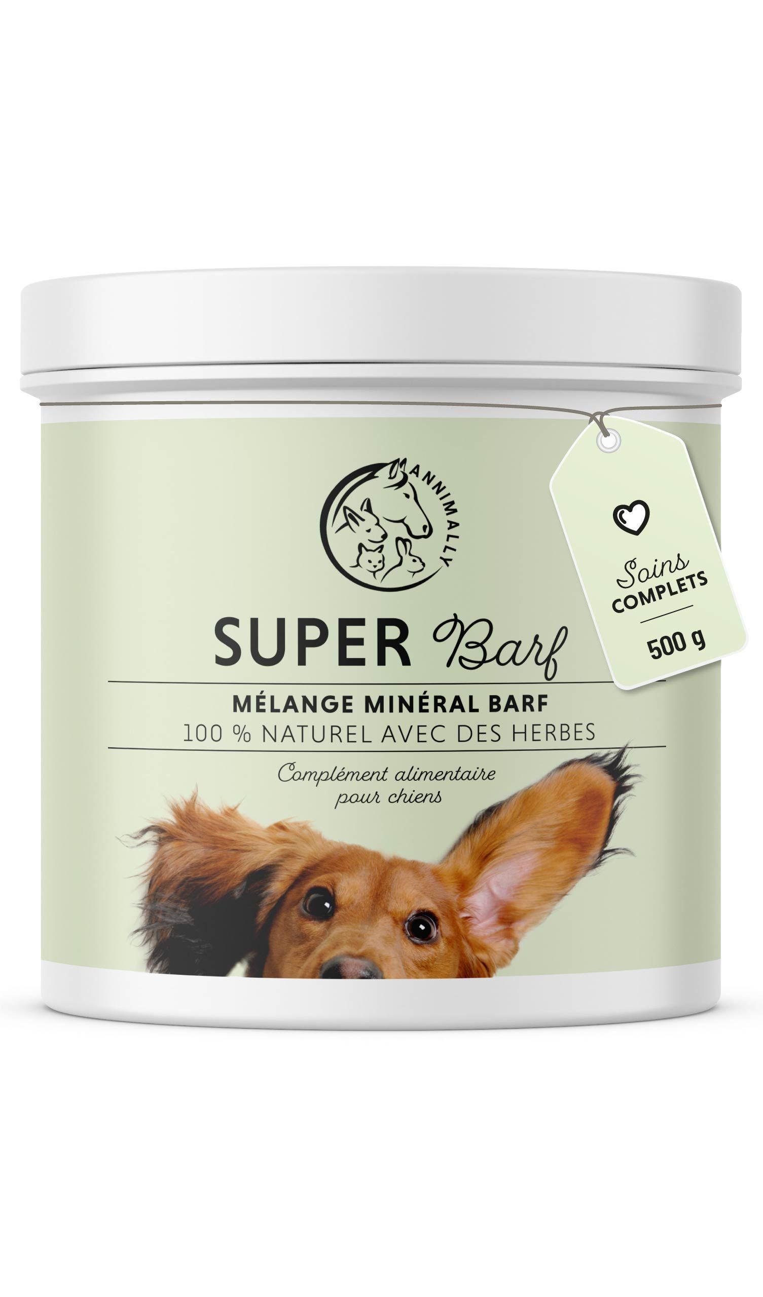 Boîte de "SUPER Barf". Étiquette verte et blanche, image de chien. Étiquette cœur. 500 g. Mélange minéral Barf 100% naturel avec herbes.