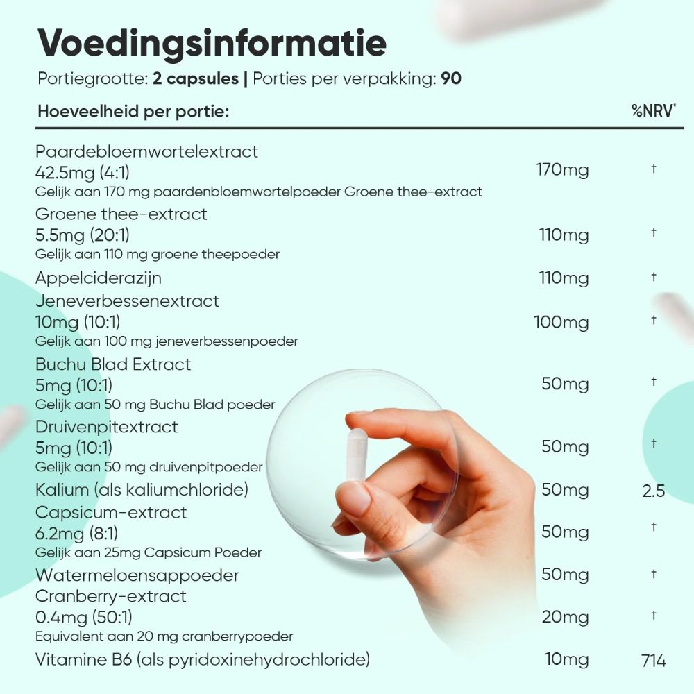 Voedingsinformatie. 2 capsules per portie. Bevat paardenbloemextract, groene thee-extract, appelciderazijn, etc. 90 porties.