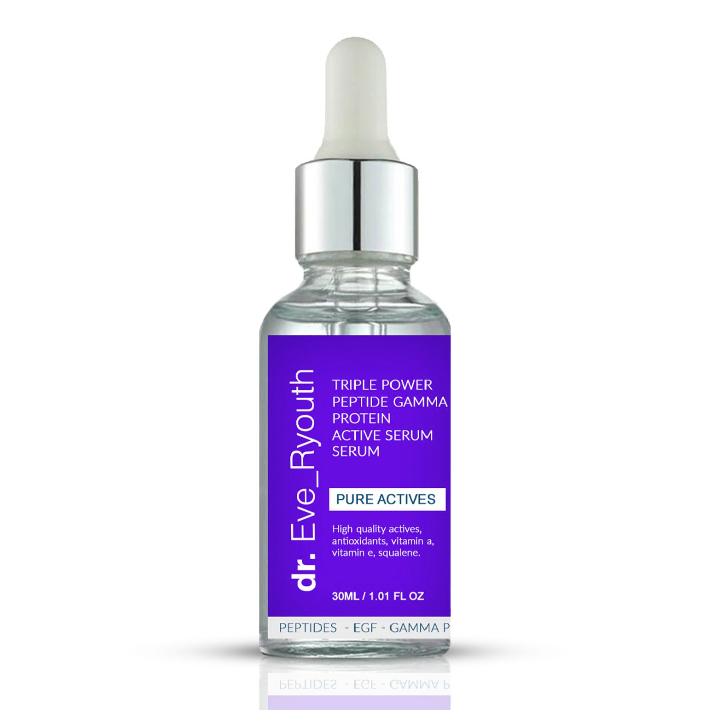 Sérum Dr. Eve Ryouth : flacon en verre avec pipette, étiquette violette Peptide Gamma Protein.