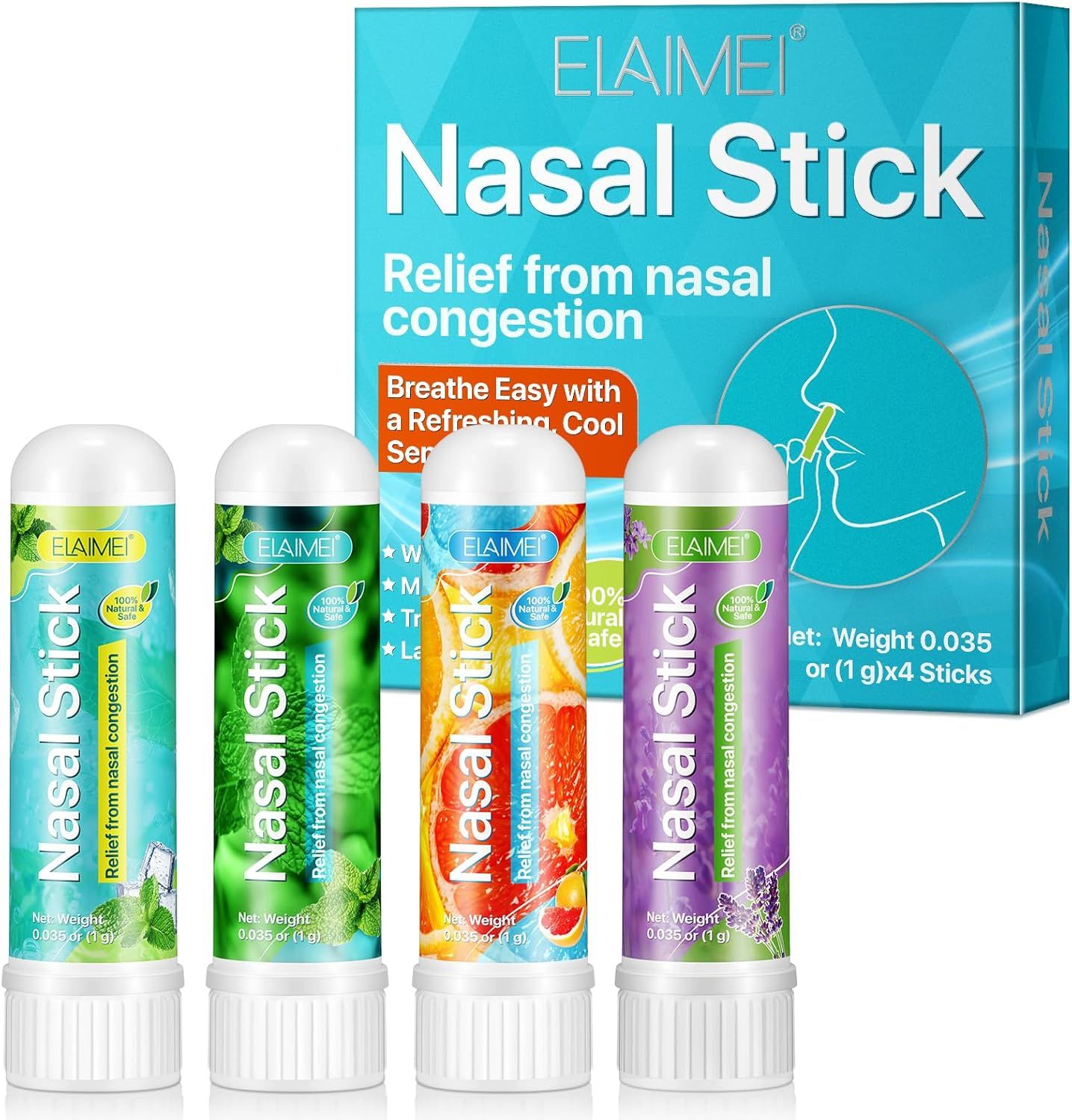 Quatre inhalateurs nasaux dans une boîte. Chaque bâton indique 'Nasal Stick'. La boîte affiche le nom du produit.