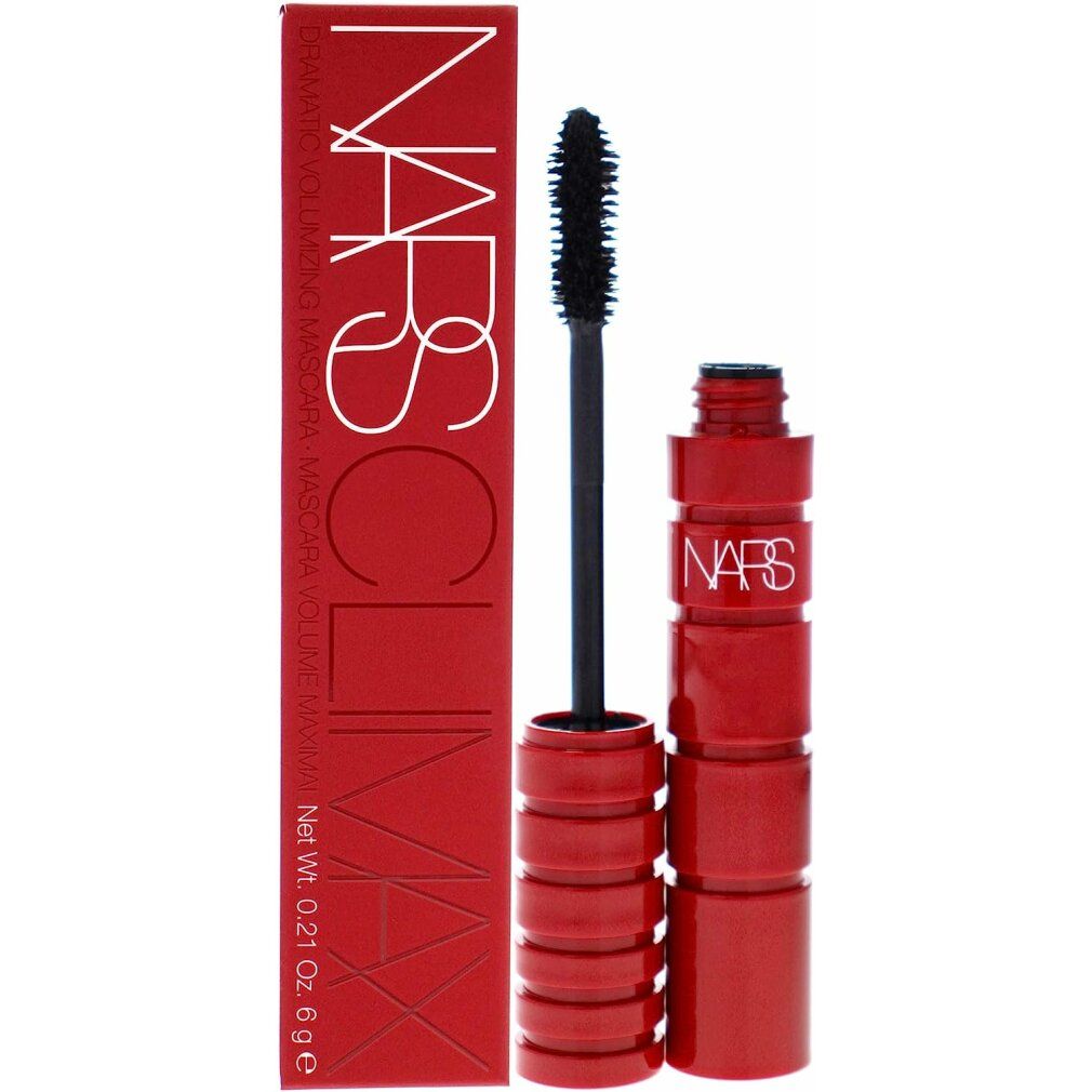 Rode mascara tube en verpakking. Zwarte borstel. Opschrift NARS CLIMAX. Netto inhoud 6 g.