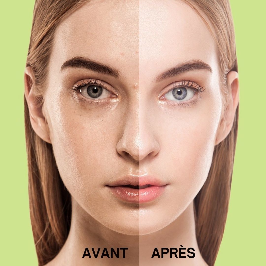 Visage de femme divisé en avant et après. Changement de peau grâce au produit.