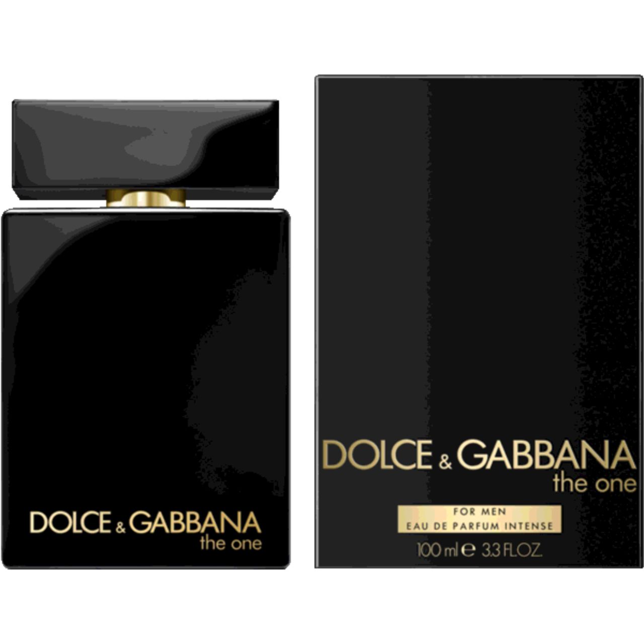 Zwarte fles en verpakking. Gouden tekst: DOLCE & GABBANA the one. Op de verpakking: FOR MEN, Eau de Parfum Intense.