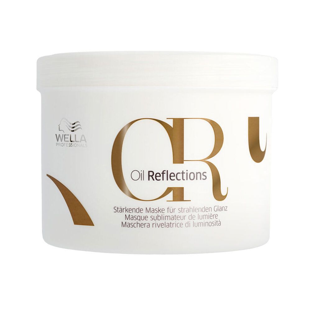 Pot blanc avec inscription dorée "Oil Reflections". Texte multilingue en dessous. Marque : Wella.