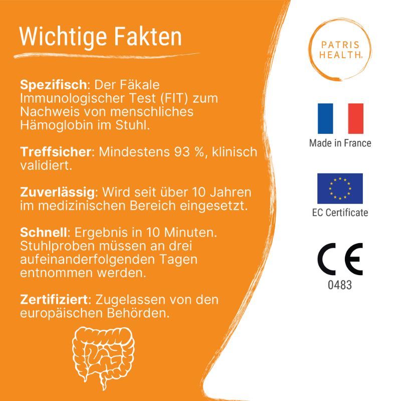 Belangrijke feiten over de test. Gecertificeerd, betrouwbaar, snel. Met Patris Health® logo, EC-certificaat en CE-markering.