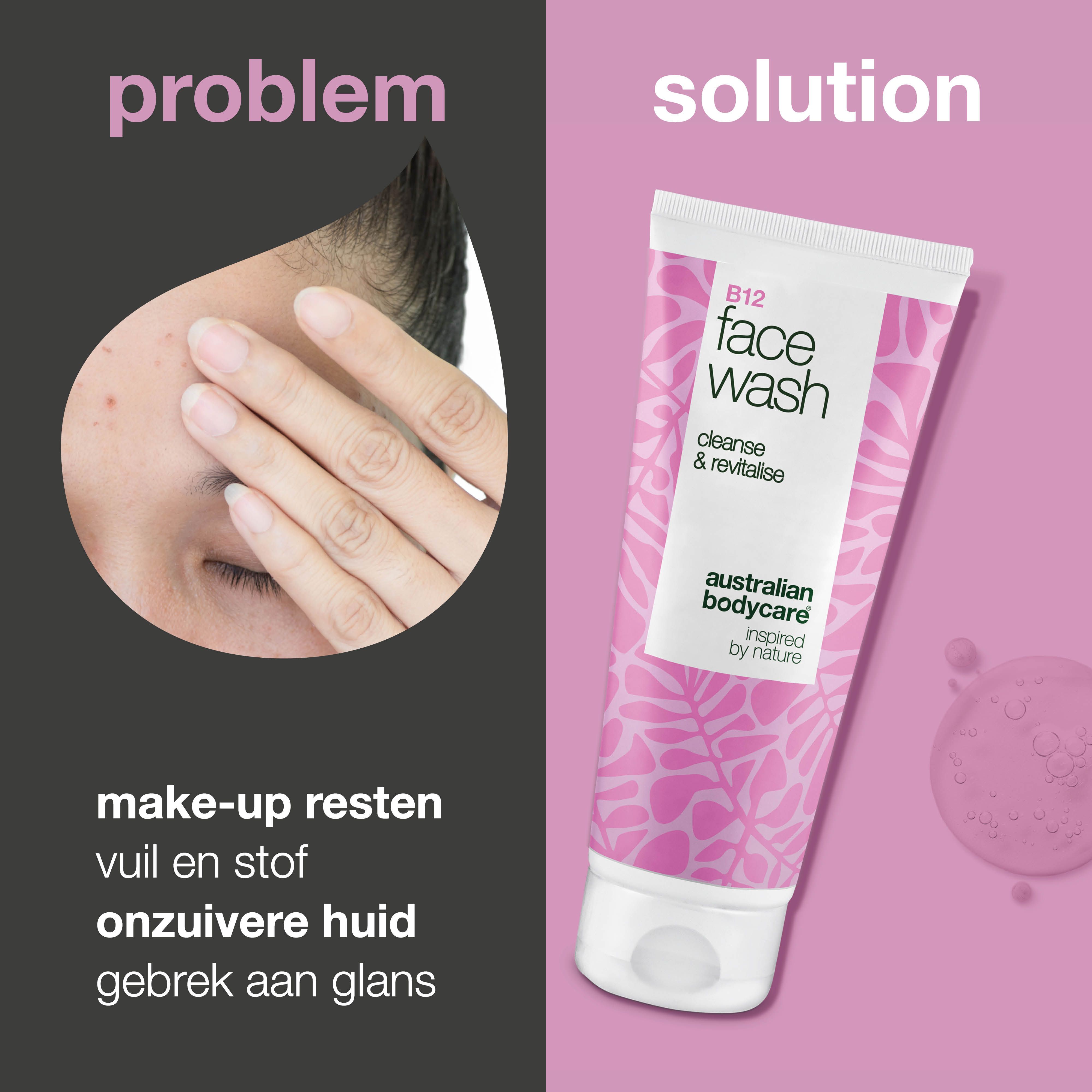 Gezicht met onzuiverheden naast tube gezichtsreiniger. Opschrift: B12 Face Wash, Australian Bodycare.