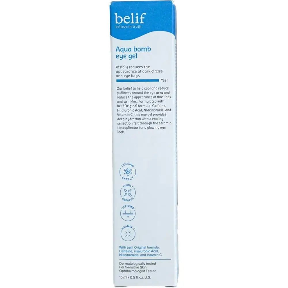 Achterkant van de Belif Aqua Bomb Eye Gel verpakking met productinformatie.