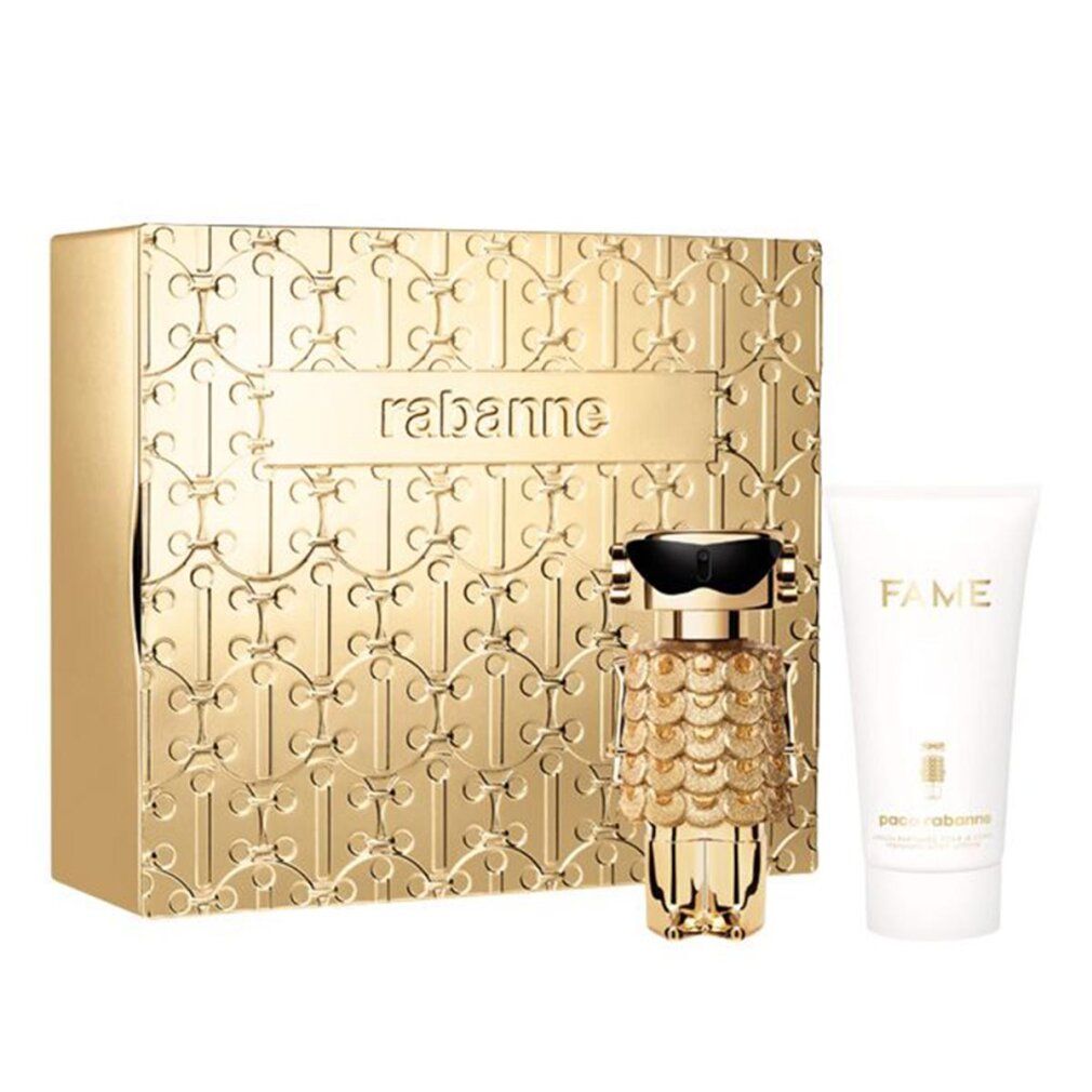 Gouden Rabanne geschenkverpakking met Fame parfumfles en tube. Opschrift "FAME". 