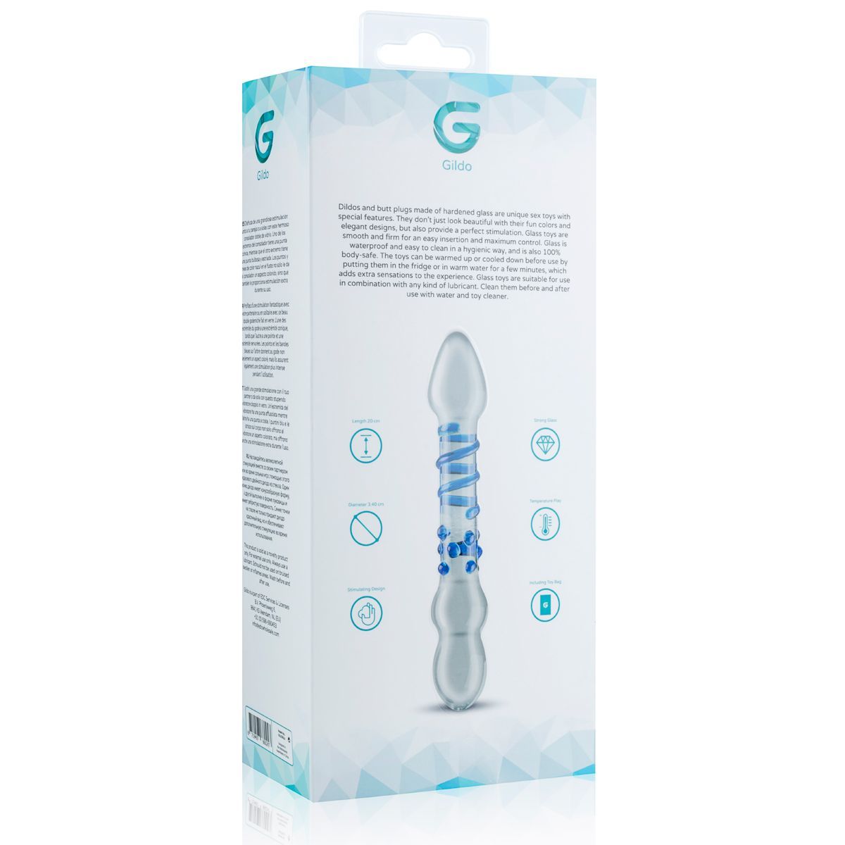 Dos de l'emballage du dildo en verre. Texte et icônes. Image du produit et logo. Informations sur le produit.