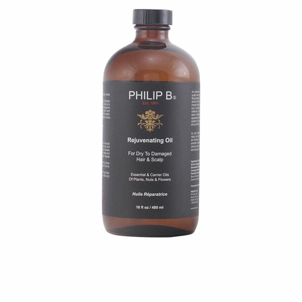 Bouteille d'huile revitalisante Philip B. pour cheveux et cuir chevelu secs à abîmés.