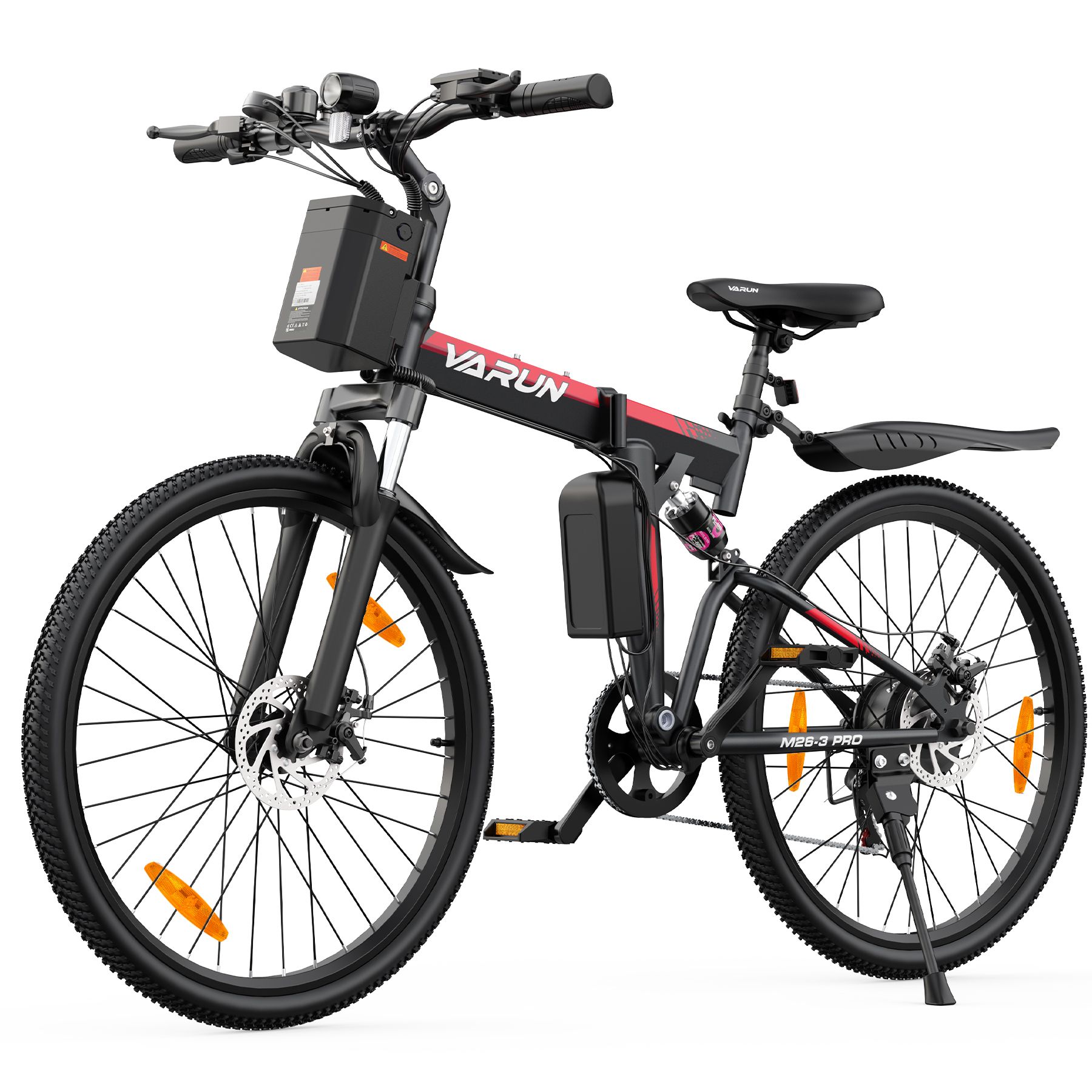 Vélo électrique noir avec accents rouges. Logo VARUN visible, suspension intégrale, freins à disque. Design pliable.
