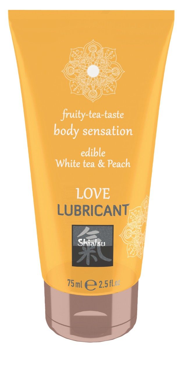 Tube orange : Lubrifiant Shiatsu Love, Thé blanc & Pêche, 75ml.