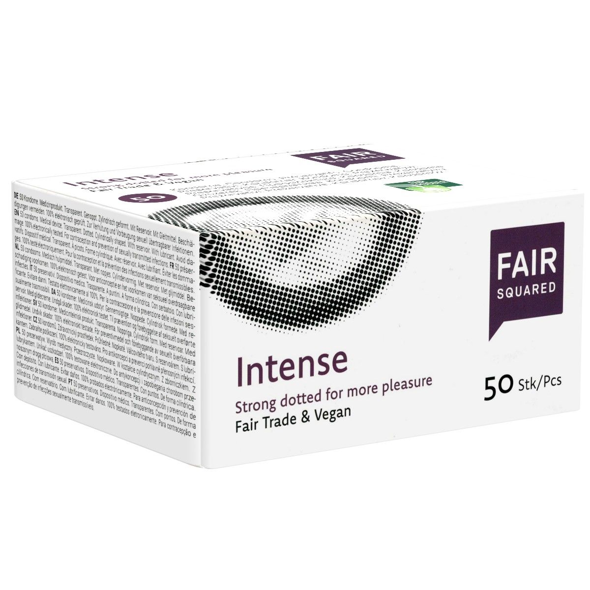 Doos met 50 Fair Squared Intense condooms, Fair Trade & Vegan.