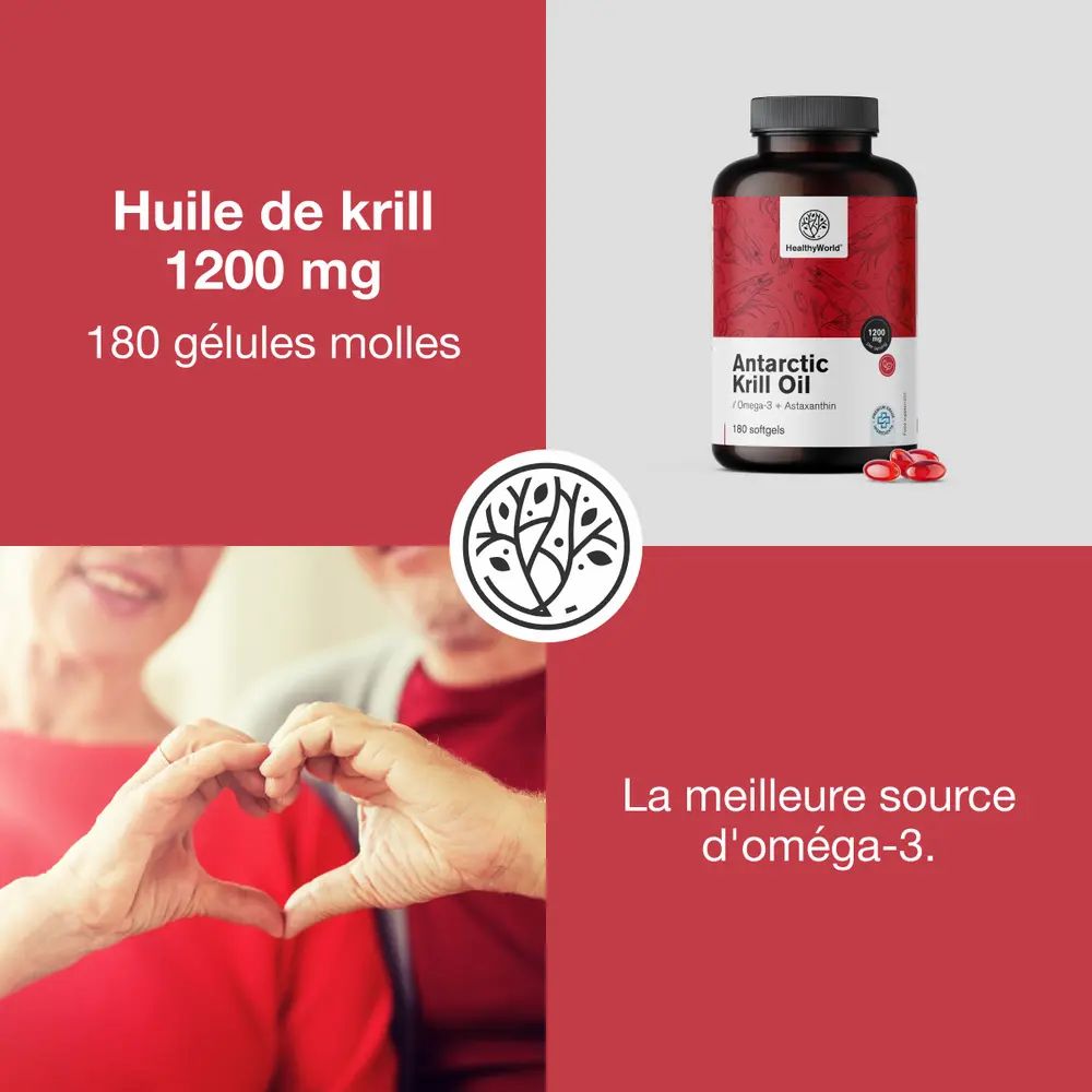 Image produit avec texte: Huile de krill 1200 mg, 180 gélules molles. Mains formant un cœur. Texte: Meilleure source d'oméga-3.