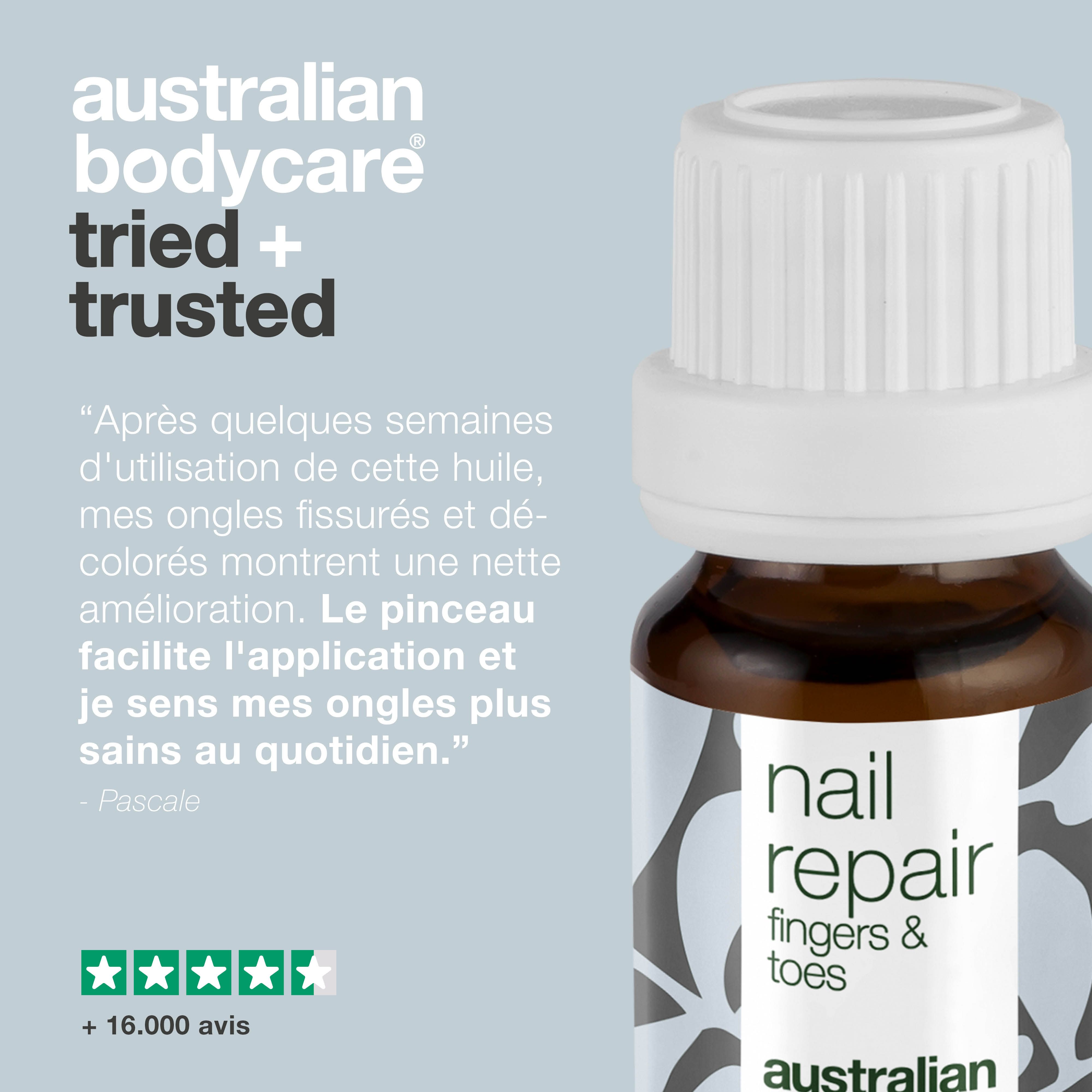 Flacon « nail repair fingers & toes ». Texte : « Après quelques semaines... ». Logo et avis.