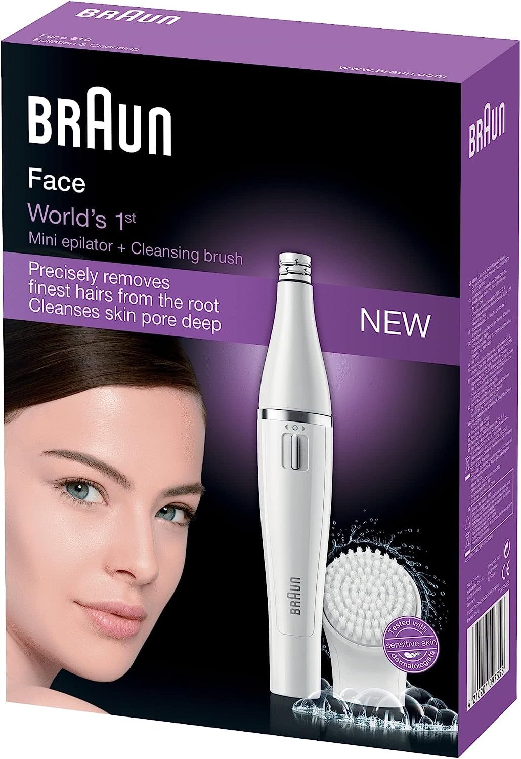 Verpakking Braun FaceSpa. Bevat mini-epilator en reinigingsborstel. Tekst: "World's 1st". Afbeelding van een vrouw.